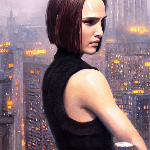 Image similar to closeup portrait of natalie portman from the movie leon the professional, hair in a blunt bob, hitman, city background, dramatic light, gorgeous view, depth, high detail, digital art, painted by greg rutkowski and seb mckinnon, by tim burton, trending on artstation