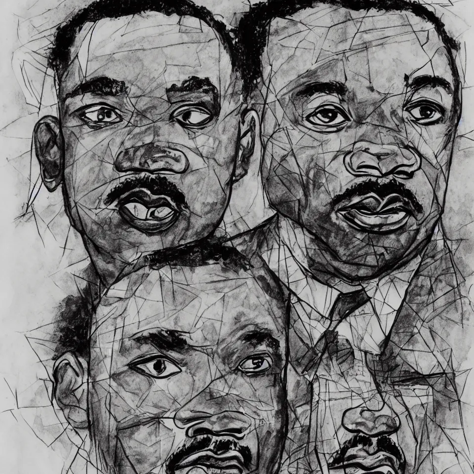 Prompt: A loose messy wild ink sketch portrait of Martin Luther King in the style of Ralph Steadman and Paul Klee, caricature, dramatic