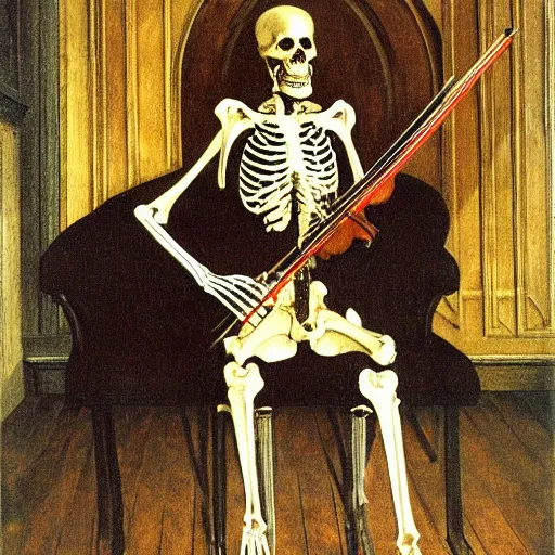 Image similar to portrait painting of a skeleton seated while playing violin, chiaroscuro, wooden interior walls, gothic and moody, Carlos Schwabe, Arnold Bocklin