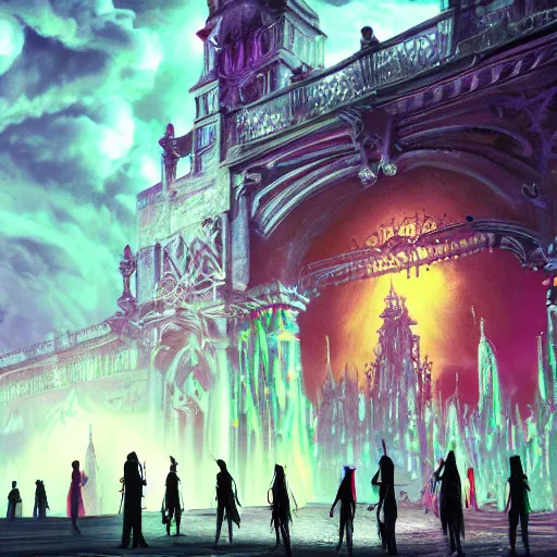 Prompt: [ palate ] [ vibrant gothic colors ] lost alien souls congregating and waiting in line at a giant iron gate, vibrant neon nebulous clouds, radiant light rays, photorealistic illustration, intricate and fine details, volumetric lighting, artstation, god figure at the gate - w 1 0 2 4