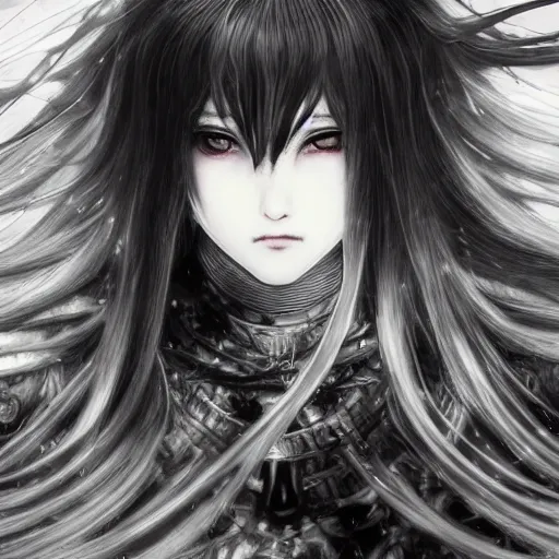 Image similar to Yoshitaka Amano blurred and dreamy illustration of an anime girl with wavy white hair and cracks on her face wearing Elden ring armour with the cape fluttering in the wind, abstract black and white patterns on the background, noisy film grain effect, highly detailed, Renaissance oil painting, weird portrait angle