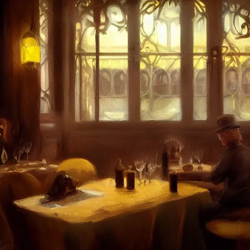 Image similar to brown cat with yellow eyes is sitting at table in a cafe at paris in early 2 0 th century. atmospheric feeling, warm colours, brown colours, yellow colours, epic scene, cinematic, very detailed, concept art, trending on artstation