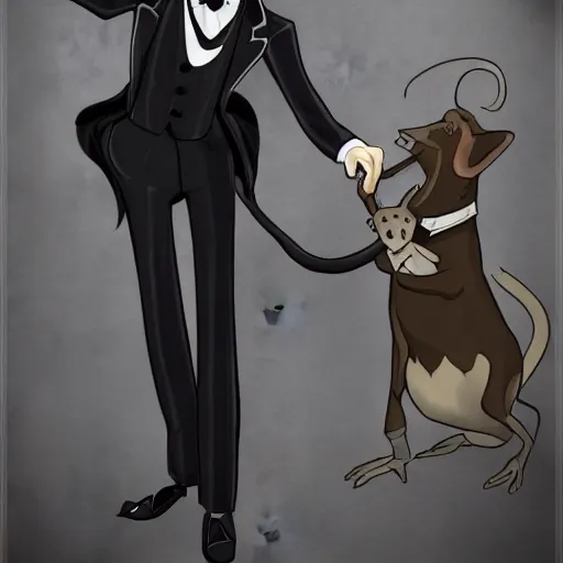 Image similar to older fantasy butler that looks similar to michael kane, full body portrait, handsome, 4 k, tarot card style, photo realistic, balding, well dressed, pet rat on shoulder