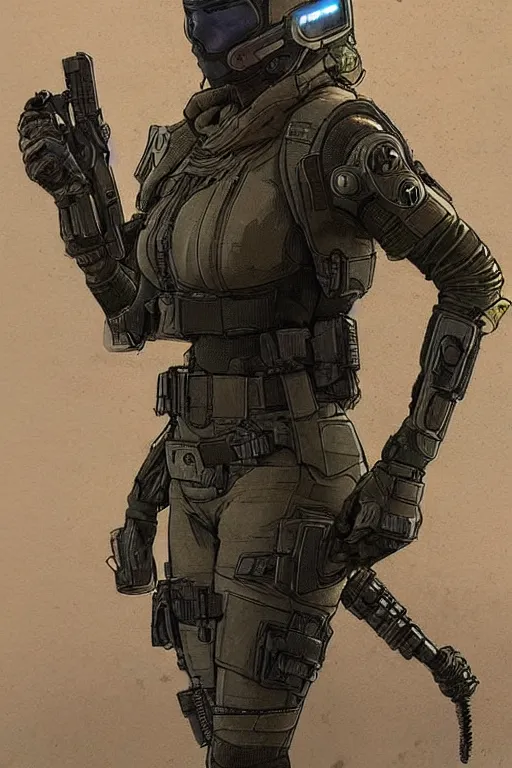 Image similar to Sonya. blackops mercenary in near future tactical gear, stealth suit, and cyberpunk headset. Blade Runner 2049. concept art by James Gurney and Mœbius.