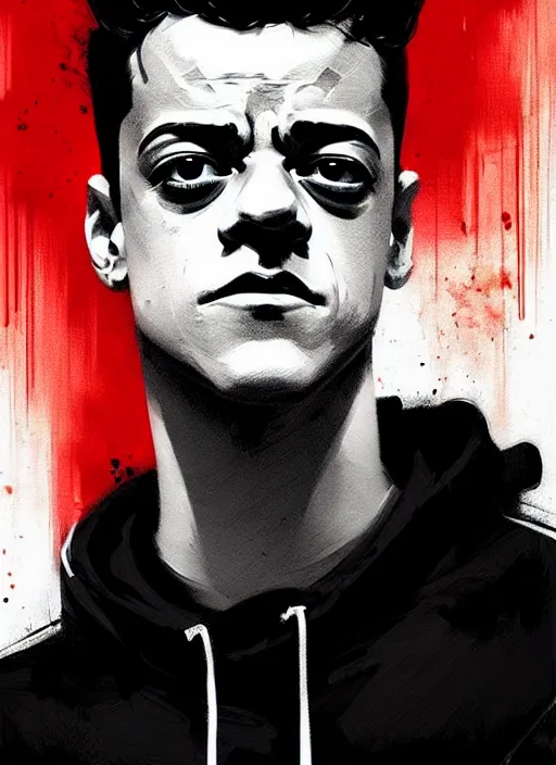 Image similar to highly detailed moody portrait of rami malek, elliot anderson, black hoody by atey ghailan, by greg rutkowski, by greg tocchini, by james gilleard, by joe fenton, by kaethe butcher, gradient red, black and white color scheme, grunge aesthetic!!! ( ( graffiti tag wall background ) )