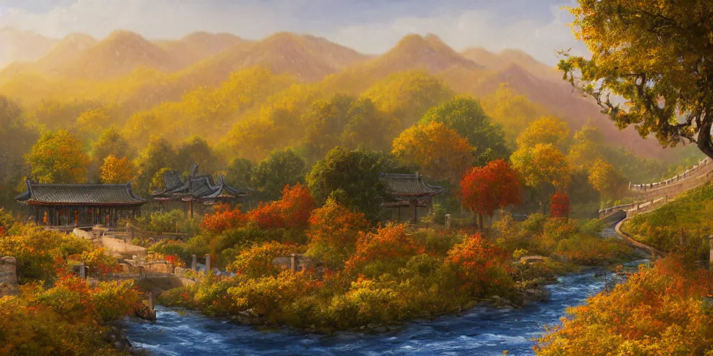 Image similar to painting of a FANTASY winery in BEIJING autumn, with a river winding through them. In the distance, there are mountains. by bob ross, Albert Bierstadt, immaculate scale, hyper-realistic, trending on Artstation, 8k, detailed, atmospheric, immaculate