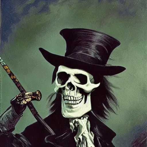 Image similar to grim-hatter, skull cane, candy eerie color, voodoo ritual, matte painting art from goya and pirner