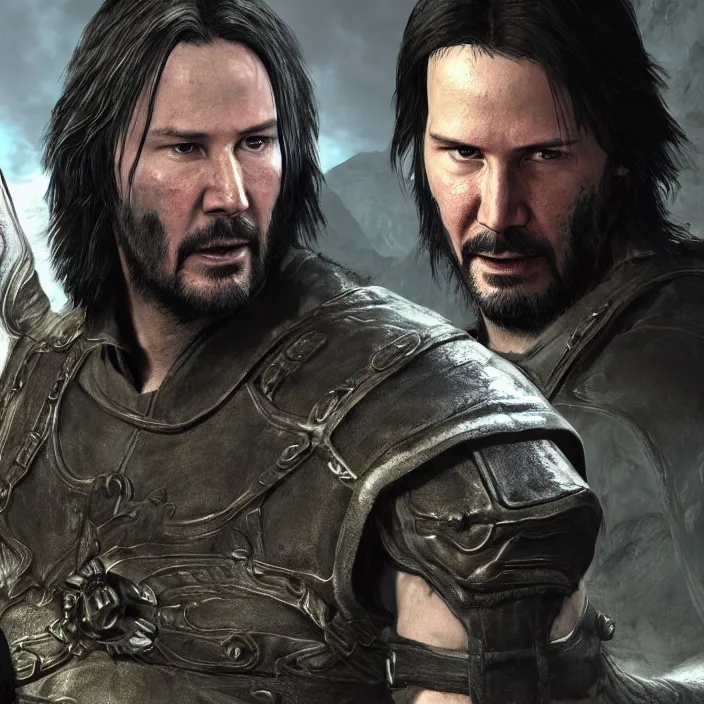 Prompt: Keanu Reeves in Skyrim, 3d cinematic, detailed game artwork, concept art, HD