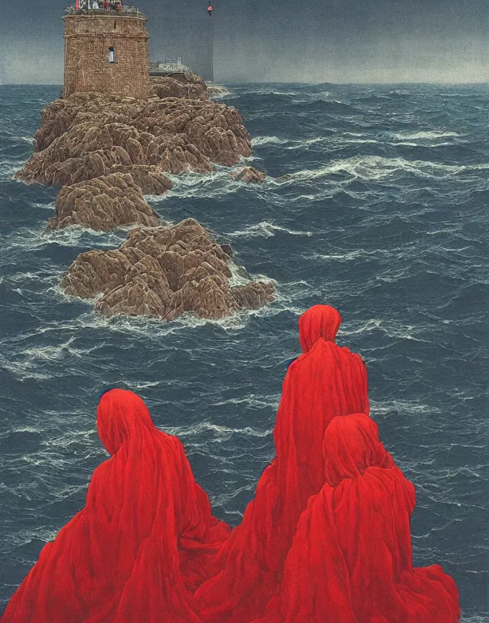 Image similar to worshippers in red robes belonging to the cult of the lighthouse on the rocky shore right in front of the lighthouse, high detailed beksinski painting, part by adrian ghenie and gerhard richter. art by takato yamamoto. masterpiece, deep colours, blue