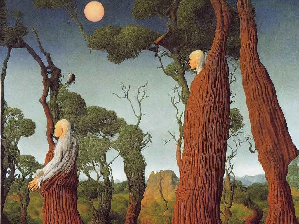 Prompt: albino mystic, with his back turned, with wild exotic Cabezon looking at a giant Sequoia forest in the distance. Painting by Jan van Eyck, Audubon, Rene Magritte, Agnes Pelton, Max Ernst, Walton Ford