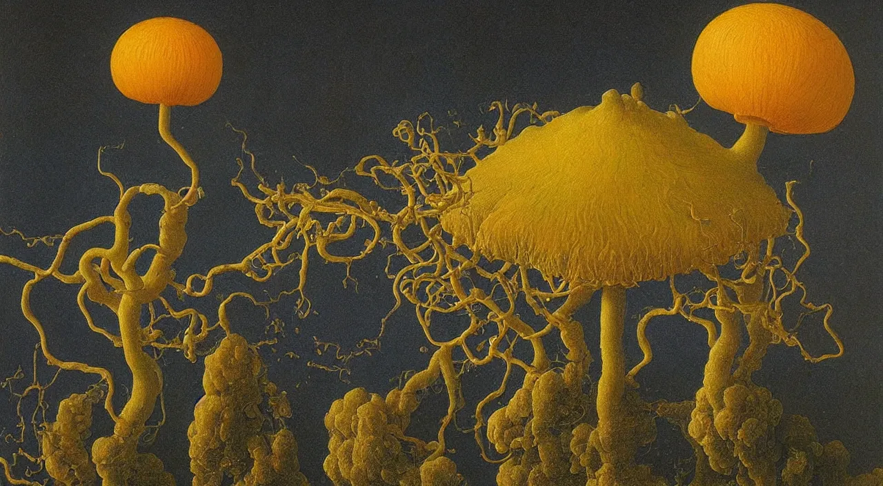 Prompt: a single fungus floating in the clear sky, a high contrast!! ultradetailed photorealistic painting by jan van eyck, audubon, rene magritte, agnes pelton, max ernst, walton ford, andreas achenbach, ernst haeckel, hard lighting, masterpiece