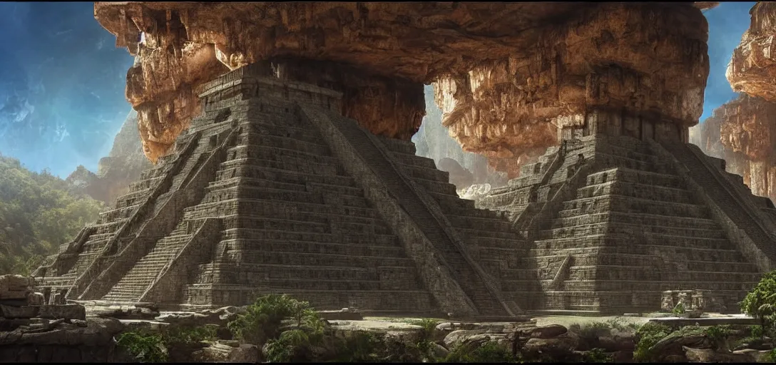Prompt: beautiful highly detailed matte painting of an intricate mayan futuristic ancient temple in a valley surrounded by canyons, by Craig Mullins and Denis Villeneuve, octane rendering