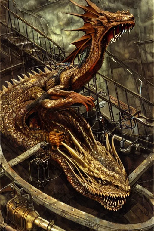 Image similar to hyper realistic old dying dragon lying down on a steam punk apparatus, art by jon foster