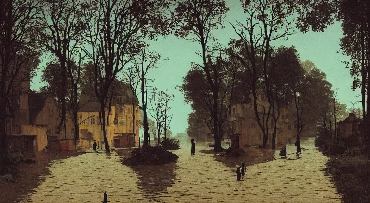 Prompt: single flooded simple wooden empty ancient old street, very coherent and colorful high contrast!! masterpiece by rene magritte simon stalenhag carl spitzweg syd mead norman rockwell edward hopper james gilleard, minimalist, dark shadows, sunny day, hard lighting