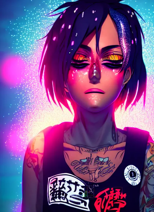 Prompt: a streetwear anime style mixed woman wearing thick mascara, crying, a city on fire in the background, police lights shine on her face, tattoos, dark glitter, Cinestill 50d, 4k, 8k, hd, full color, octane render, trending on artstation, highly detailed