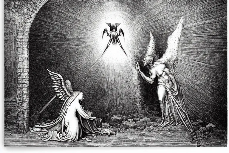 Prompt: fallen angel begs to enter the gates of hell by gustave dore and les edwards and hieronymus bosch