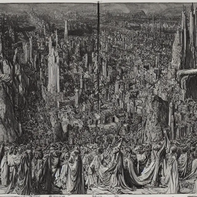 Image similar to artwork by Franklin Booth and Gustav Doré showing the fall of the city of Babylon