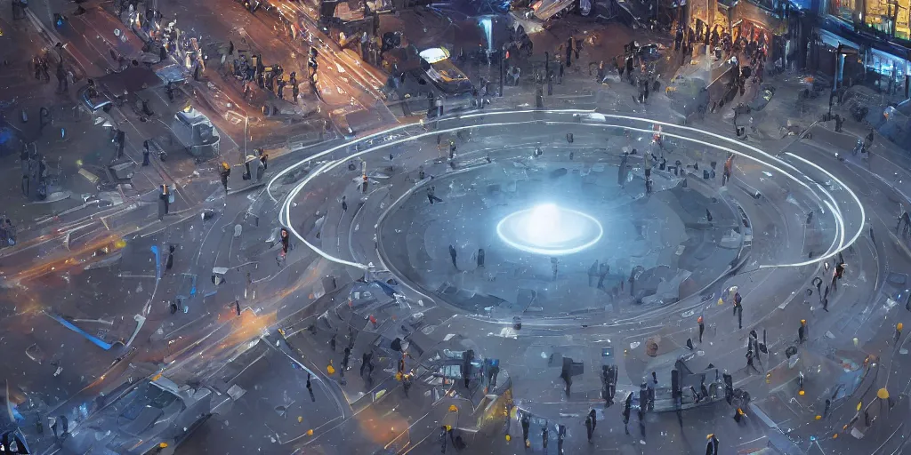 Image similar to policemen protect a huge spiral - shaped luminous object right in the center of the city from protesting people, night, rain and light fog, professional lighting, concept art in 3 d, high detail, professional lighting