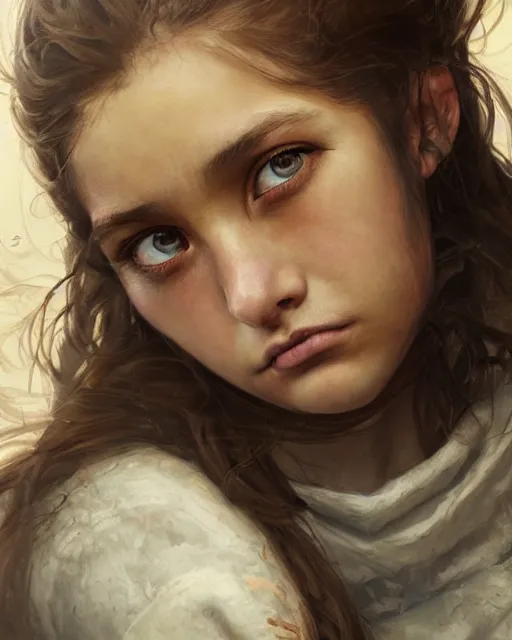 Prompt: portrait of 1 5 - year - old girl with thick brown hair, large front teeth, and bright piercing brown eyes, hyper realistic face, beautiful eyes, fantasy art, in the style of greg rutkowski, intricate, hyper detailed, smooth