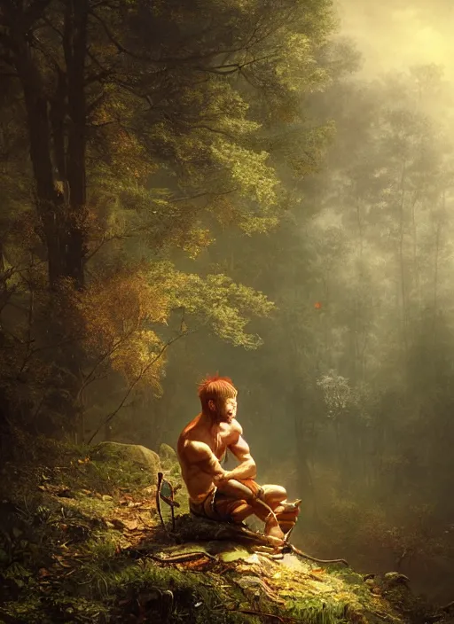 Image similar to sun wukong sitting alone in the melancholy forest. andreas achenbach, artgerm, mikko lagerstedt, zack snyder, tokujin yoshioka