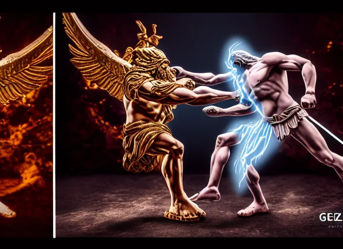 Prompt: zeus fighting chronos. mythology style. highly detailed 8 k. intricate. lifelike. soft light. sony a 7 r iv 5 5 mm. [ cinematic post - processing ].