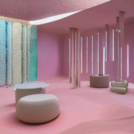 Image similar to An ultra high definition, professional photograph of an IKEA showroom located on a pastel pink beach ((with pastel pink, dimpled sand where every item is pastel pink. The sun can be seen rising through a window in the showroom.)) The showroom unit is outdoors and the floor is made of dimpled sand. Morning time indirect lighting with on location production lighting on the showroom. In the style of wallpaper magazine, Wes Anderson.