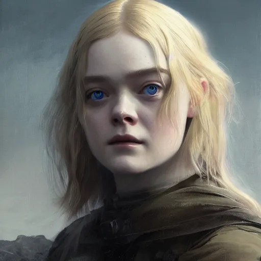 Image similar to ultra realistic portrait painting of elle fanning in death stranding, art by frank frazetta, 4 k, ultra realistic, highly detailed, epic lighting