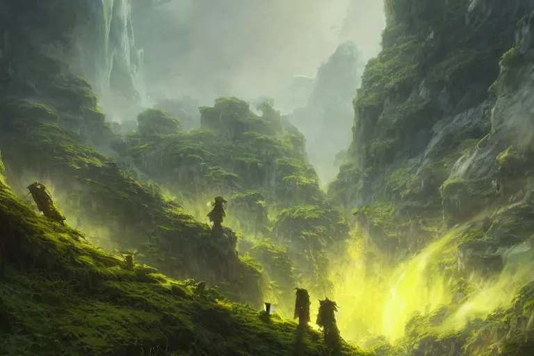 Prompt: made in abyss concept art riko reg landscape yellow hair green eyes wlop James Jean Marc Simonetti Ruan Jia and Mandy Jurgens and Artgerm and William-Adolphe Bouguerea greg rutkowski Gustave Dore trending on artstation pixiv hyperdetailed Unreal Engine 4k 8k ultra HD