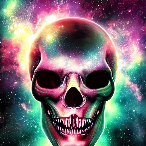 Image similar to alien skull on space nebula background, acrilic paint, digital, artstation, detailed intricate ink illustration, heavenly atmosphere, digital art, overdetailed art, concept art, complementing colors, trending on artstation, cgstudio, the most beautiful image ever created, dramatic, subtle, details, award winning artwork, beautiful scenery