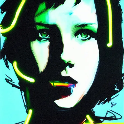 Prompt: Neon Millie Bobby Brown by Yoji Shinkawa