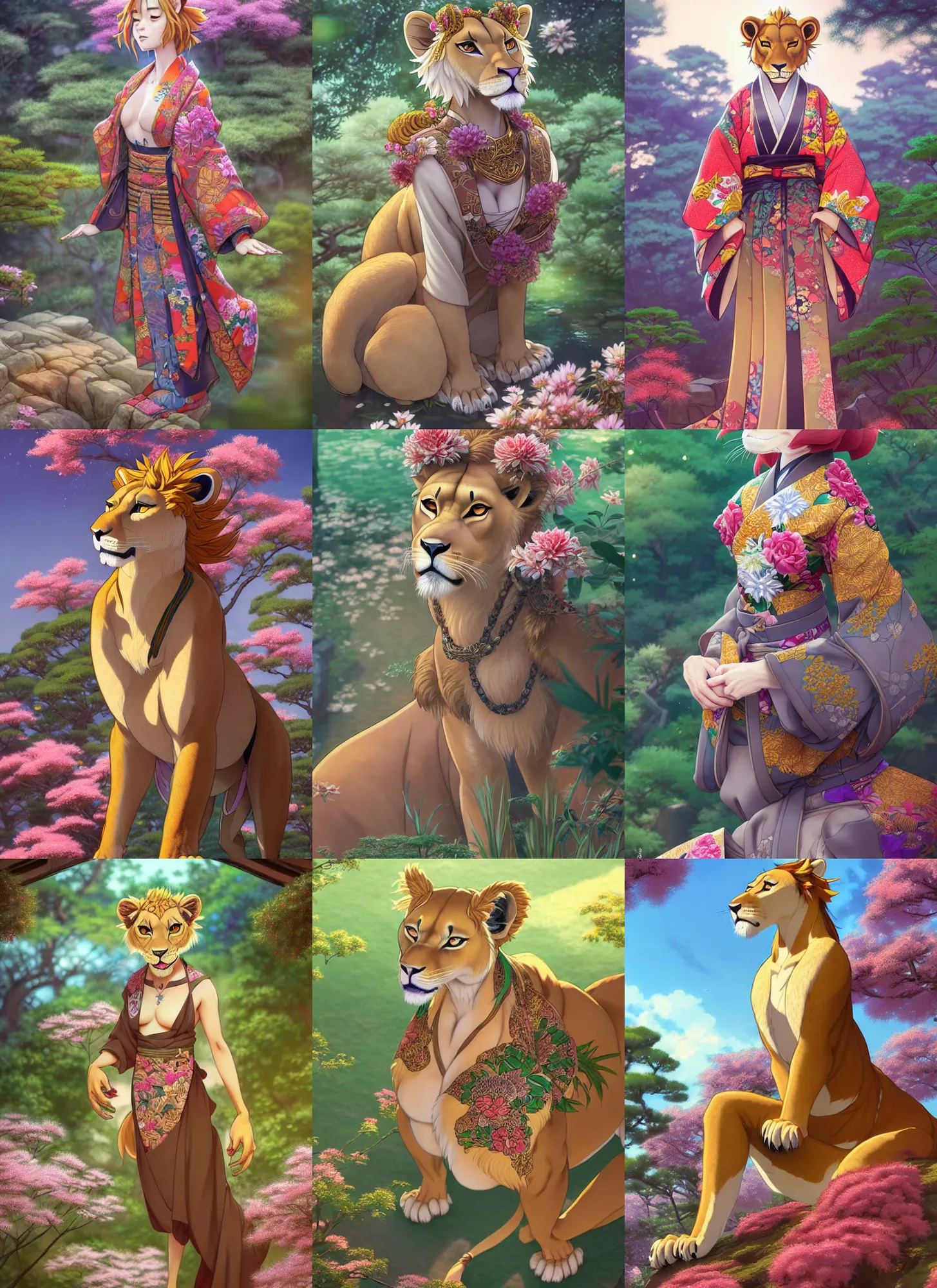 Prompt: beautiful full body portrait of a female anthropomorphic lioness fursona wearing a ornate kimono in a japanese garden. high angle looking down. character design by disney, anime, manga, charlie bowater, ross tran, artgerm, and makoto shinkai, detailed, soft lighting, rendered in octane