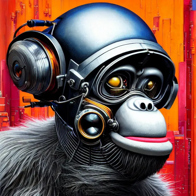 Image similar to a portrait of an anthropomorphic cyberpunk chimp in a crash helmet by sandra chevrier, detailed render, tape deck, boombox, epic composition, cybernetics, 4 k realistic, cryengine, realistic shaded lighting, sharp focus, masterpiece, by matteo scalera, gary montalbano, peter elson in the style of the tokyo ghost comic