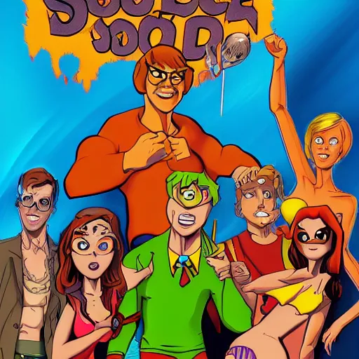 Image similar to Scooby Doo, cover art by stephen Bliss, no text, wearing a bikini, holding a gun, trending on artstation