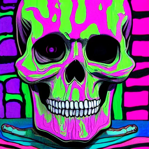 Prompt: portrait of skull, trippy, glitch, paint dripping, miyazaki style, exaggerated accents