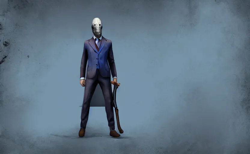 Image similar to cinematic view of a dead by daylight killer lawyer wearing a blue business suit with a gavel weapon, character portrait, digital art