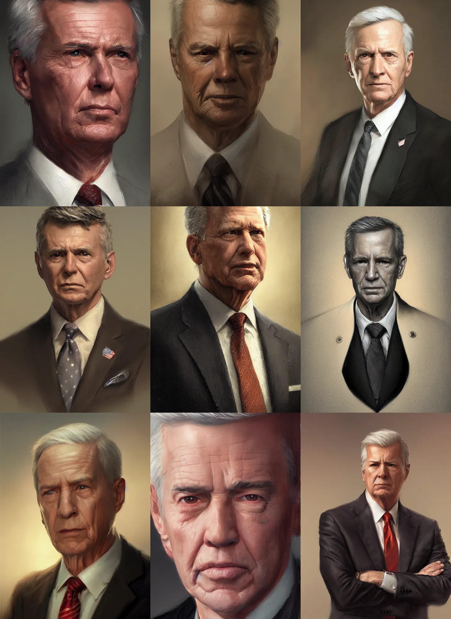 Prompt: portrait of a 2 0 4 2 united states president. male from massachusetts, detailed face, 2 1 st century, highly detailed, cinematic lighting, digital art painting by greg rutkowski