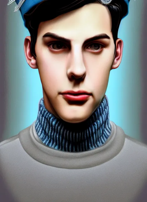 Image similar to portrait of teenage jughead jones wearing a light grey crown, crown, blue turtleneck, 1 9 5 0 s, closed eyes, photorealistic, black hair, glowing lighting, intricate, elegant, glowing lights, highly detailed, digital painting, artstation, concept art, smooth, sharp focus, illustration, art by wlop, mars ravelo and greg rutkowski