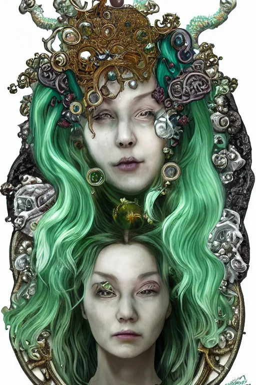 Image similar to rococo upper body portrait sigil with the intent of conquering the world lovecraftian undead zombie queen, green hair, bytian zi and wlop and alphonse mucha ornaments and gems hdr 8 k 3 d dslr hdr trending on artstation rendered with cryengine