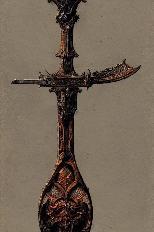 Image similar to a concept art of a great medieval axe with intricate design, concept art in style of Greg Rutkowski, painted by Frank Frazetta, John Singer Sargant