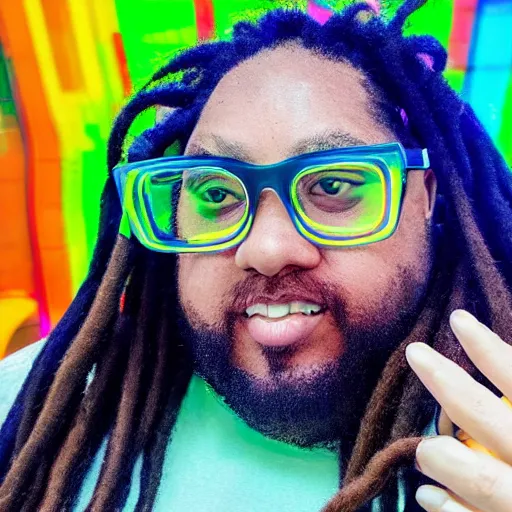 Prompt: an obese entrepreneur with long dreadlocks and trendy glasses takes a smiling selfie inside a large aquarium filled with neon jellyfish, high detail, full focus, time magazine 2 0 2 2