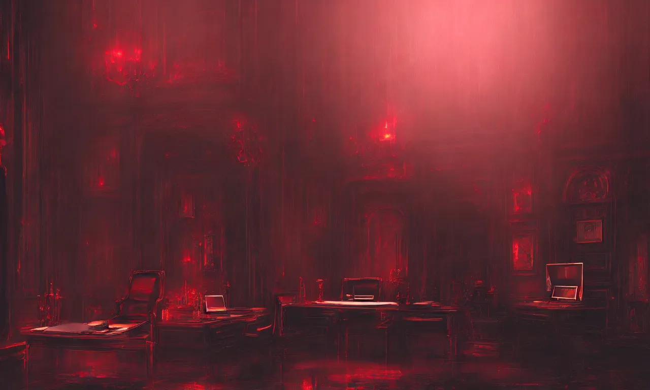 Prompt: demonic executive office with high back chair with onyx finishes, by asher brown durand, trending on artstation, 8 k resolution, red lights, cyberpunk, demonic symbols