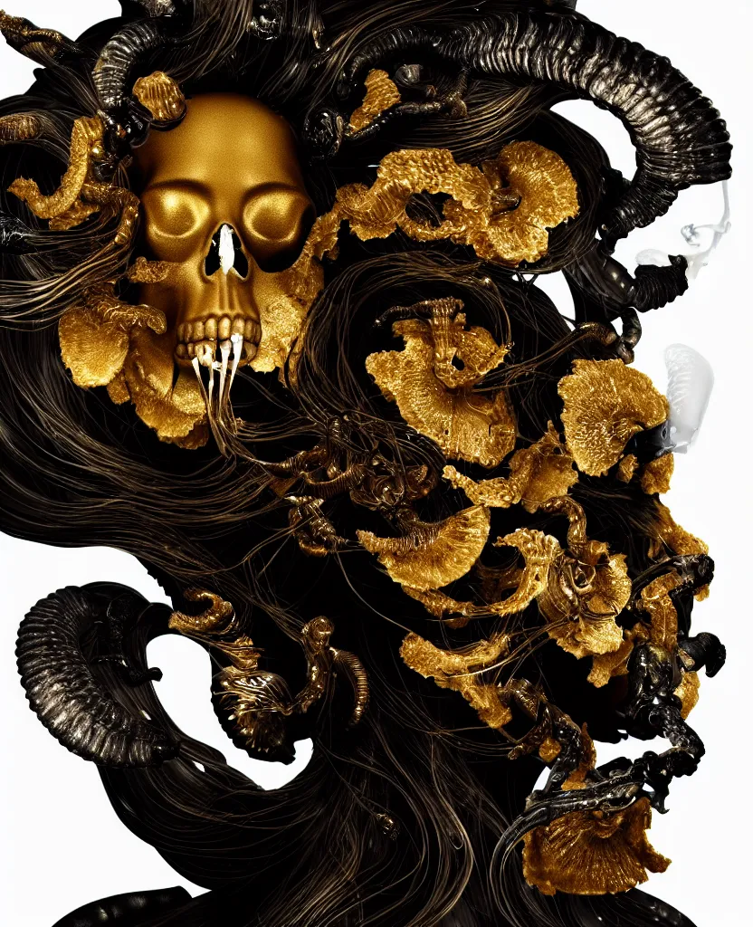 Image similar to black background. goddess princess face close-up portrait ram skull. sculpture made of gold and brilliants. jellyfish phoenix head, nautilus, orchid, skull, betta fish, bioluminiscent creatures, intricate artwork by Tooth Wu and wlop and beeple. octane render, trending on artstation, greg rutkowski very coherent symmetrical artwork. cinematic, hyper realism, high detail, octane render, 8k