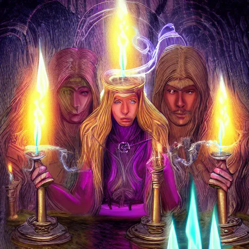 Image similar to High fantasy scene of a sorceress with long blonde hair surrounded by hooded figures and candles; digital art