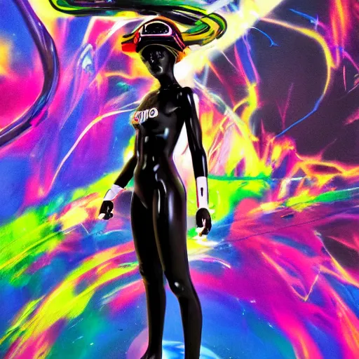 Image similar to : extremely beautiful photo of a black marble statue of an anime girl with colorful skateboard logos all over and helmet with closed visor, colorful hyperbolic background, fine art, neon genesis evangelion, offwhite, denoise, highly detailed, 8 k, hyperreal