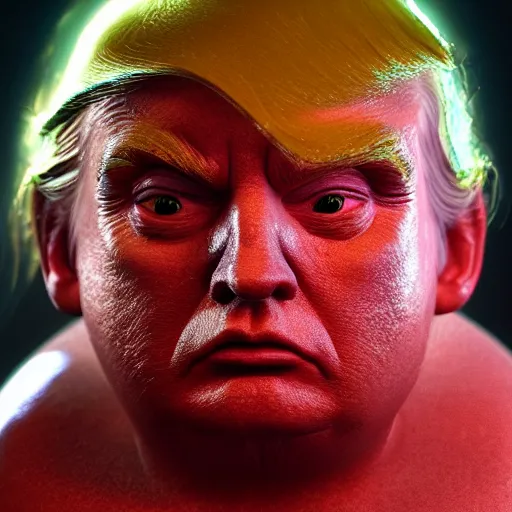 Image similar to donald trump as dipsy telletubbie full body detailed, ethereal, cyborg biomechanics, covered in blood diamonds and other gems glowing, highly detailed face, evil posed, evil expression, intricate, extremy detailed, beeple, cgsociety, 3 d unreal engine octane render. cinematic lighting, highly detailed 4 k art