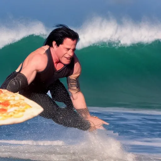 Image similar to glenn danzig surfing on a pizza roll, 4 k,