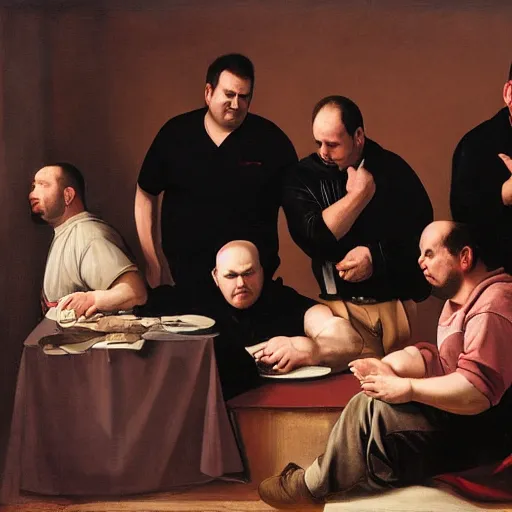 Image similar to Rich Evans, Mike Stoklasa, Jay Bauman, Red Letter Media, Caravaggio painting, depressed middle-aged men