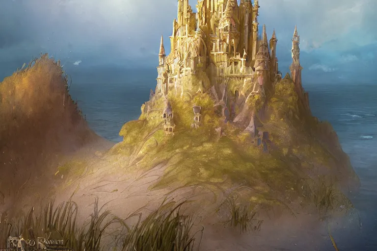 Image similar to wide angle view, a beautiful digital painting of a fairy castle made of sand on a beautiful coastline, tranquil day, magical, by greg rutkowski, brian froud, marc simonetti, jean - baptiste monge, and alphonse mucha, symmetry, complementary colors, ink illustration, trending on artstation