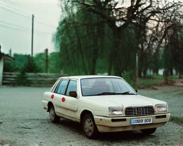 Prompt: a lomographic photo of old polonez polish car standing in typical soviet yard in small town, hrushevka on background, cinestill, bokeh