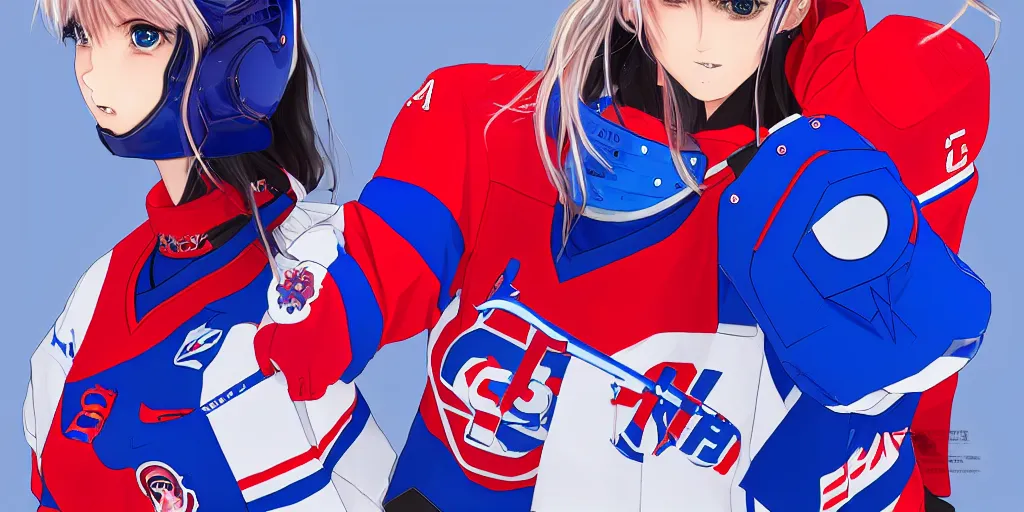 Image similar to females akira anime cyberpunk super star ice hockey players, wearing a light futuristic habs jersey, blue white and red color blocking, character concept exploration, outfit designs, trending on artstation, photorealistic, 8k